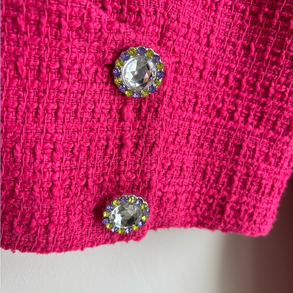 ZARA  Fuchsia Pink Textured Cropped Jacket with Rhinestone Buttons Size Small - Picture 4 of 15
